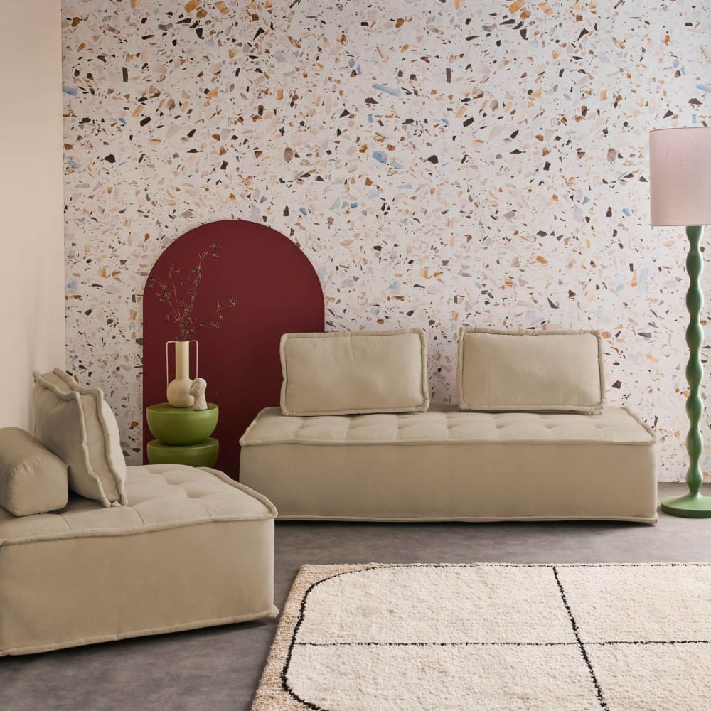 Ensemble chauffeuses en tissu capitonné 3 places beige