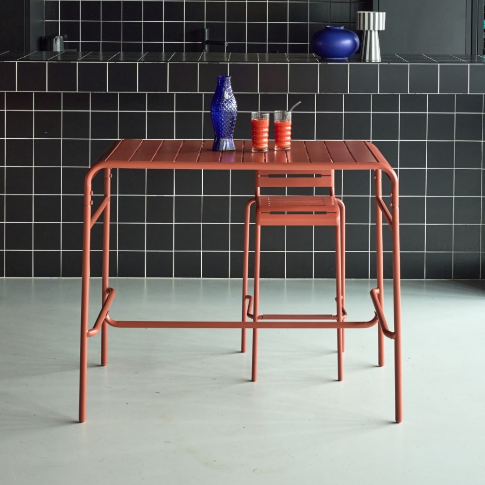 Table haute de jardin métal 4 places, terracotta