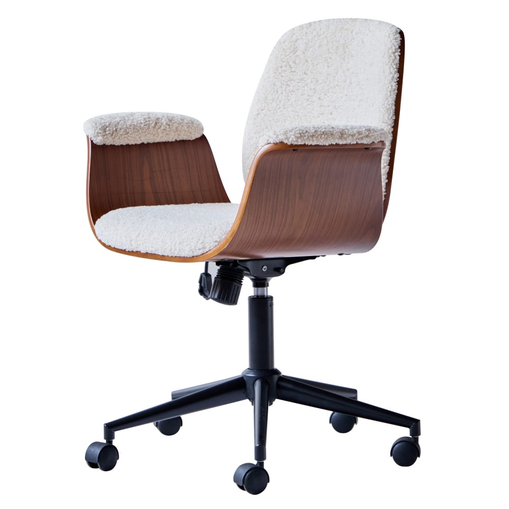 Chaise de bureau en bois et bouclettes blanches