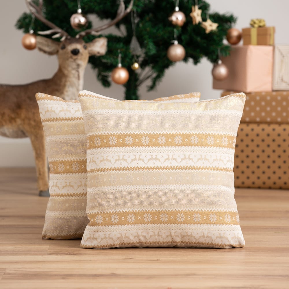 Lot de 2 housses de coussin de Noël en coton beige et or 45x45 cm — vue 3