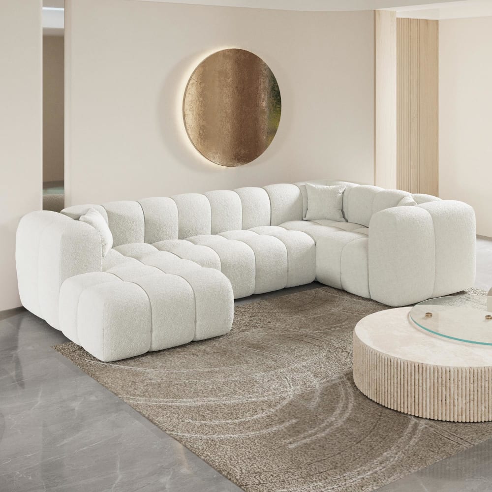 MOBILIER DECO Canapé panoramique tissu bouclette blanc écru - angle gauche Beige