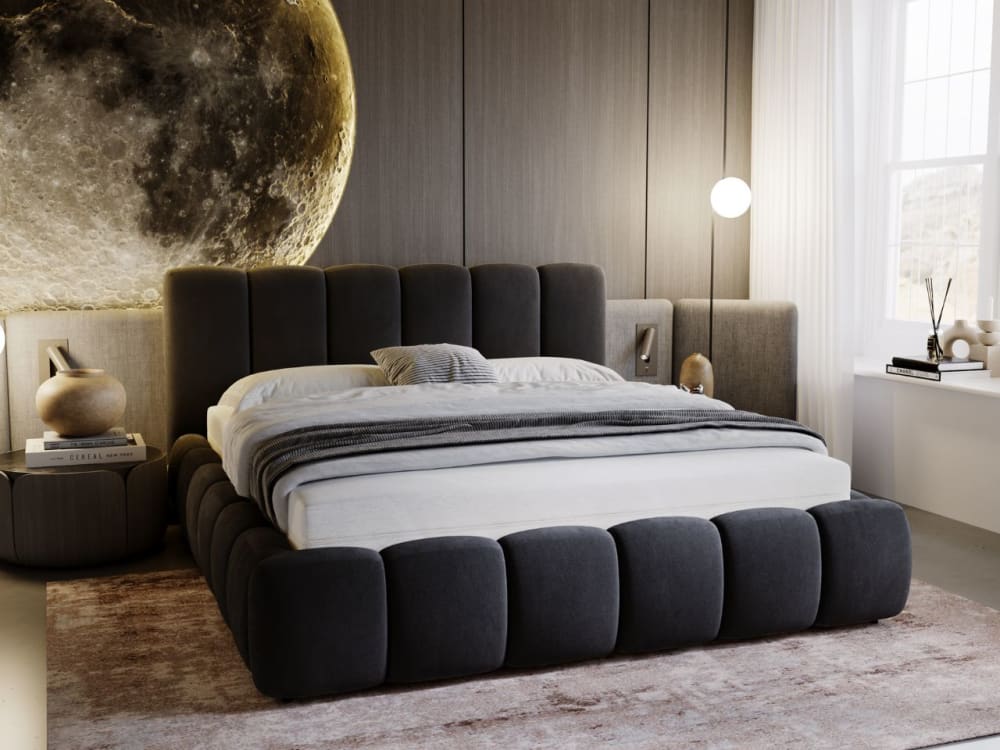 Lit rembourré avec rangement velours noir 200x200 - Maisons du Monde