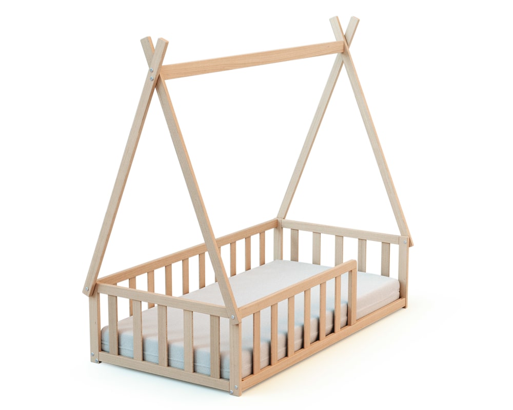 Lit tipi au sol 70 x 140 en bois hêtre brut (Webaby) - Image 1
