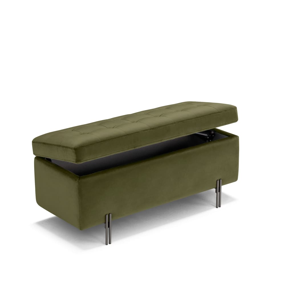 Banc+rangement+fabrique+en+Italie+matelasse+en+velours+vert+110x45+cm