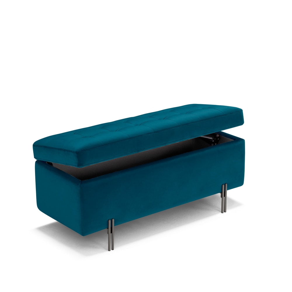 Banquette+de+rangement+matelassee+en+velours+petrole+110x45+cm