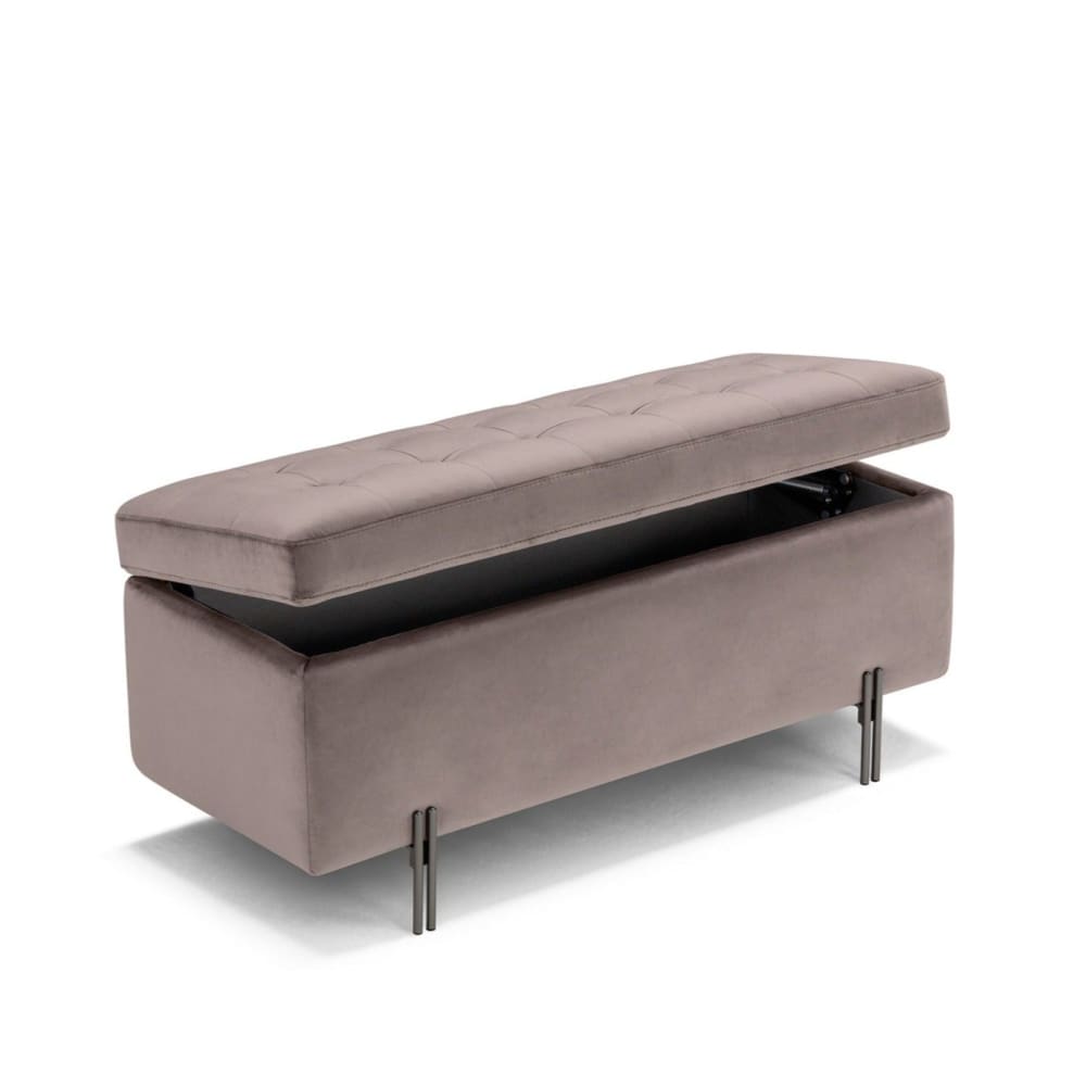 Banc rangement matelassée en velours gris tourterelle 110x45 cm