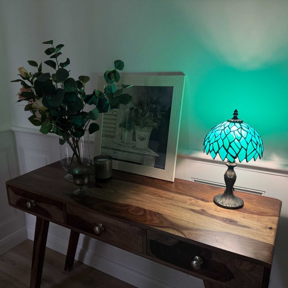 Lampe à poser en verre mosaique & pied en alliage de zinc turquoise