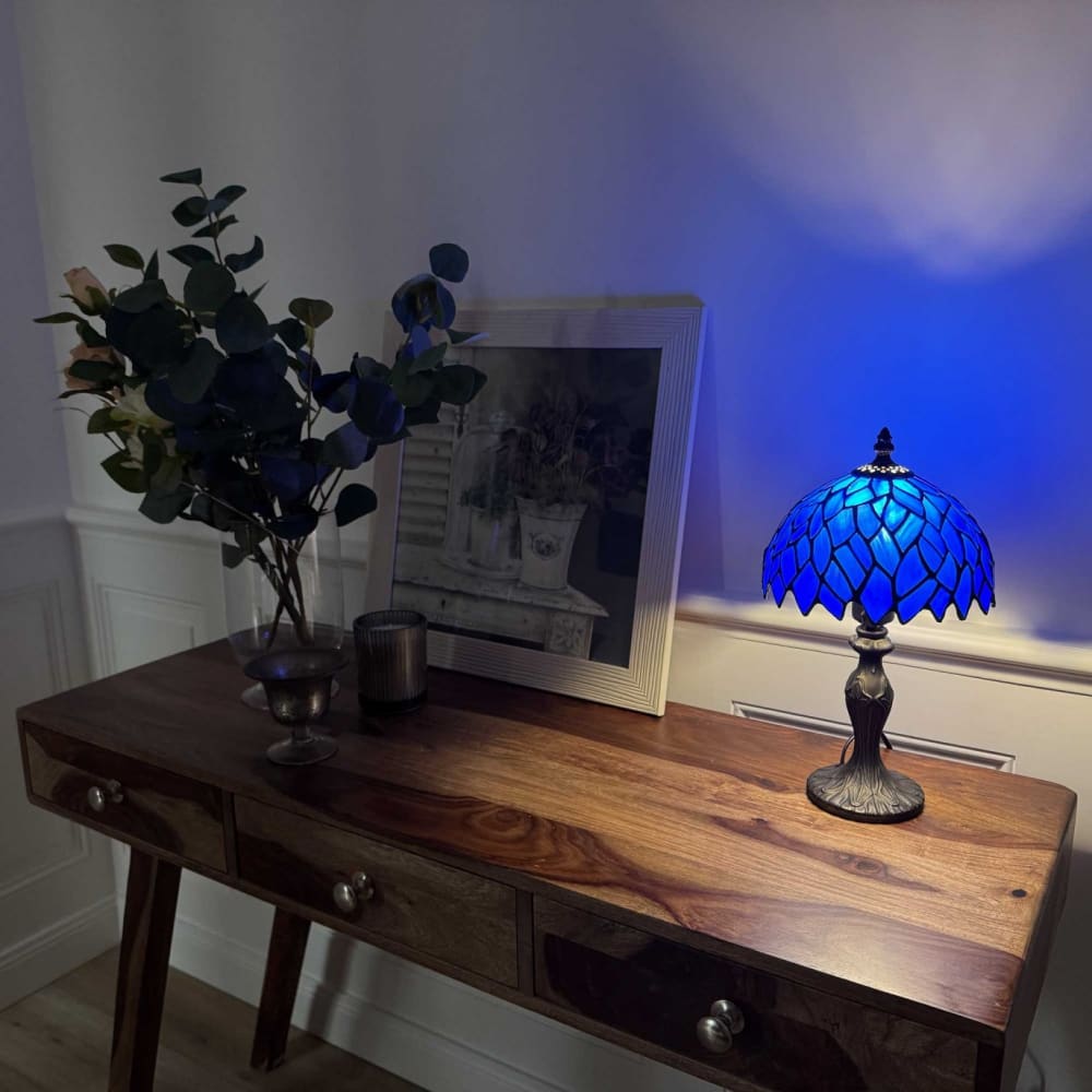 Lampe à poser en verre mosaique & pied en alliage de zinc bleu