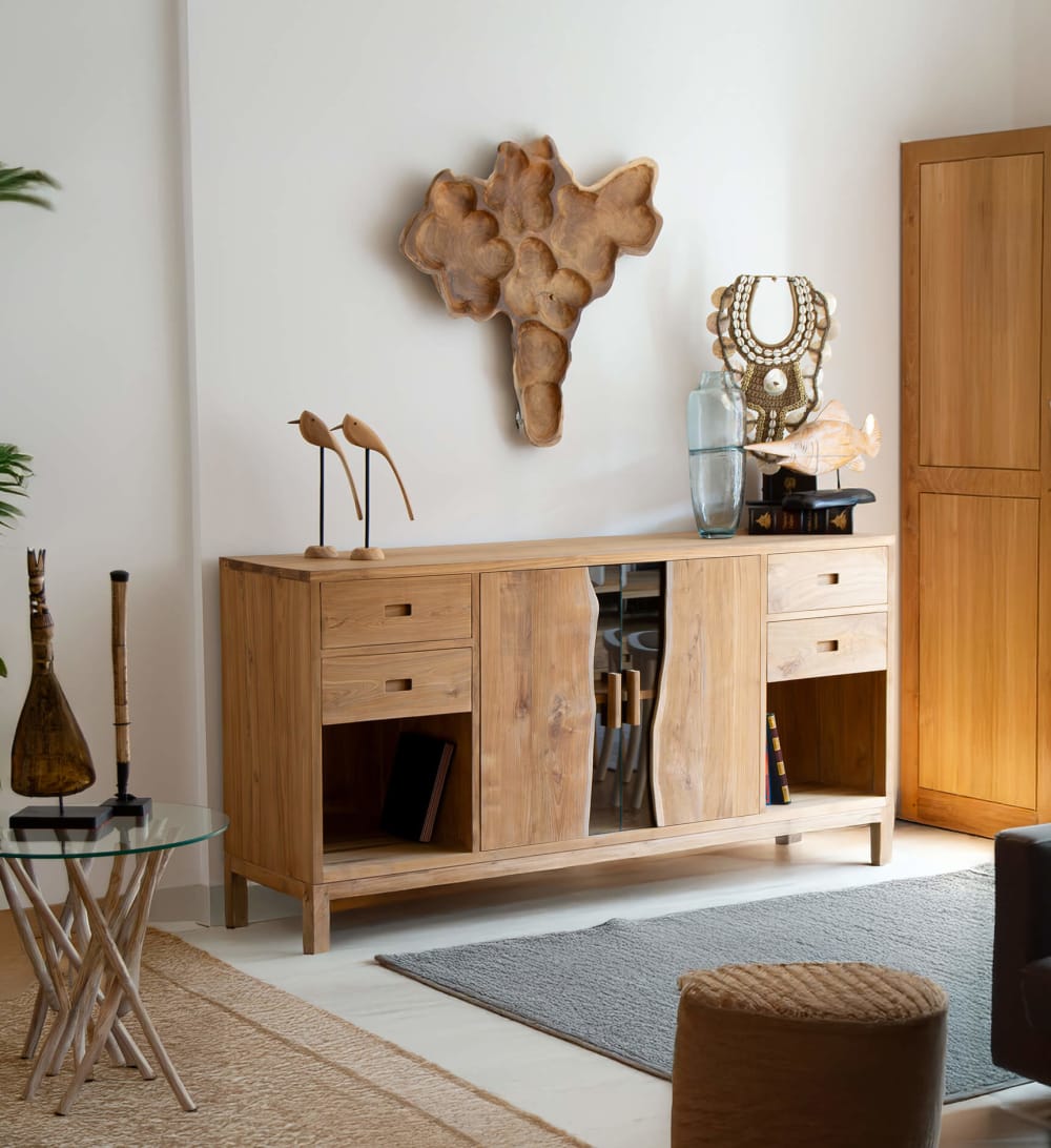 Sideboard mit 4 Schubladen und 2 Türen aus Teakholz, L 170 cm,