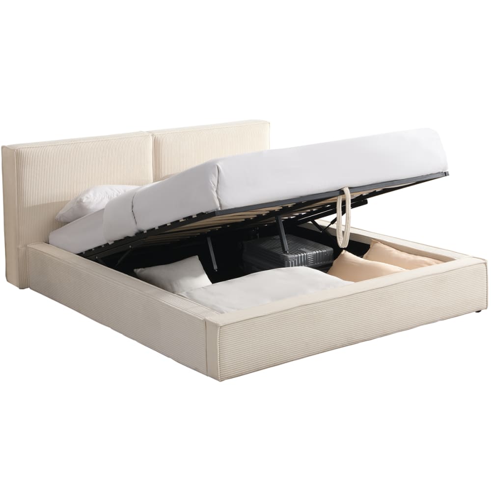 Lit coffre 160x200 cm avec tête de lit en velours côtelé beige