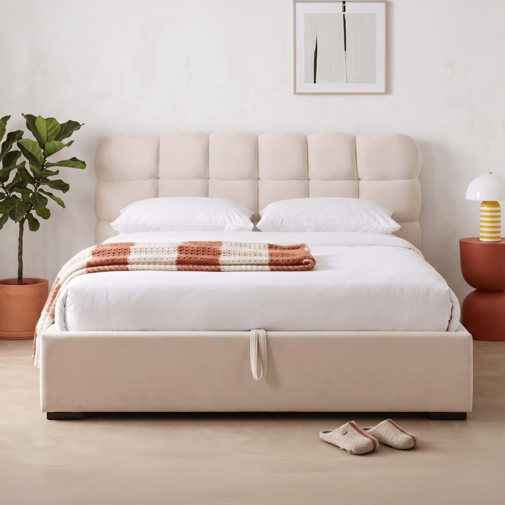 Lit coffre 160x200 cm avec tête de lit en velours beige