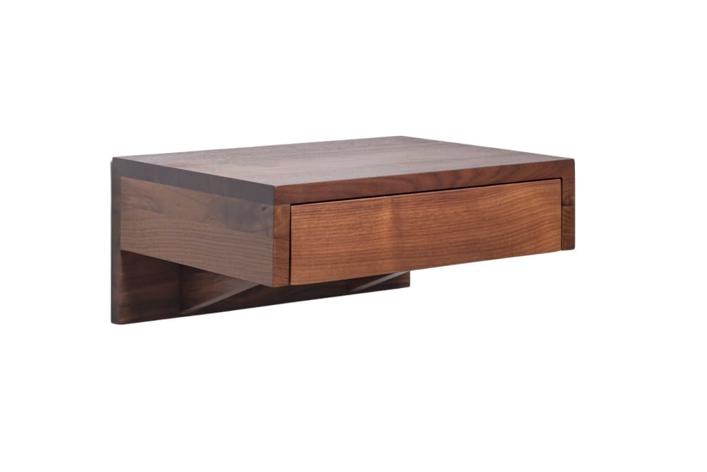 Table de chevet flottante, noyer massif et finition mate