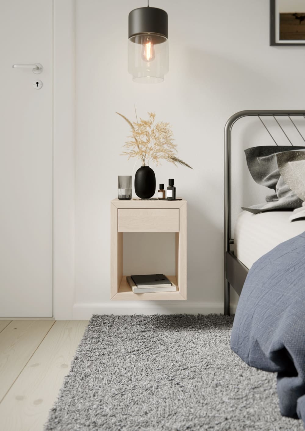 Table de chevet flottante en chêne et finition huile blanche