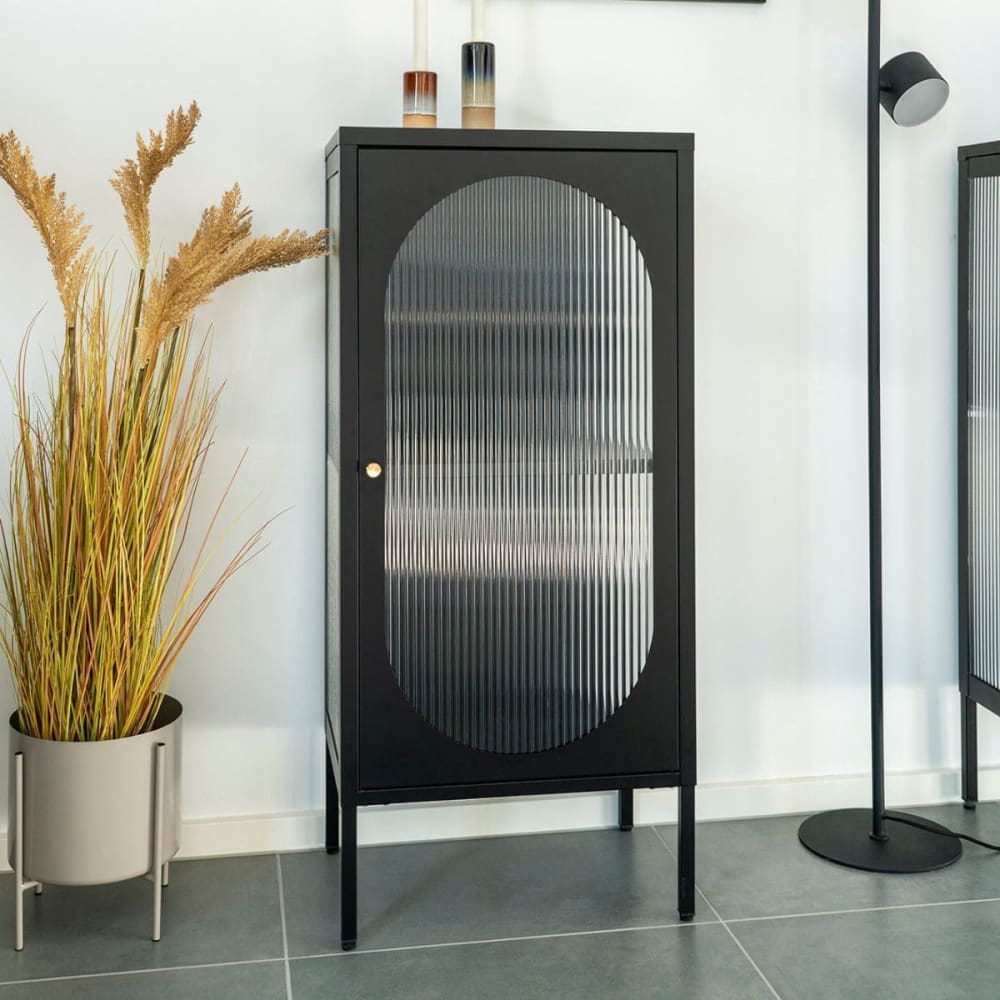 Vitrine basse 1 porte acier noir et verre ondulé