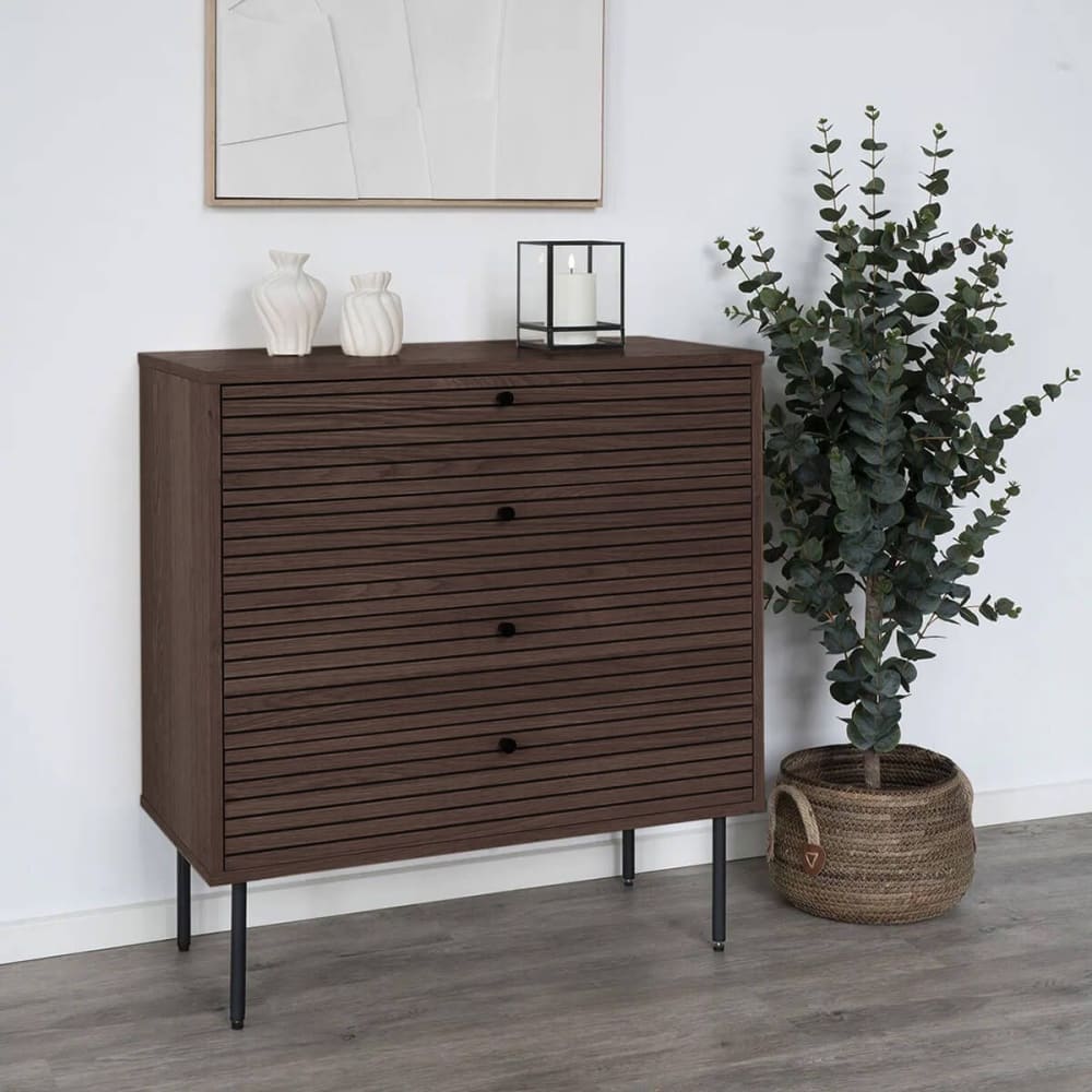 Commode 4 tiroirs effet tasseaux teinté chêne foncé