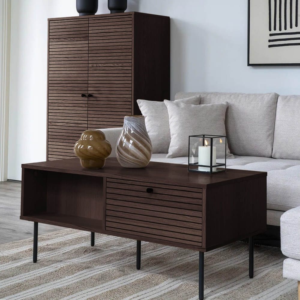 Table basse 2 tiroirs effet tasseaux teinté chêne foncé