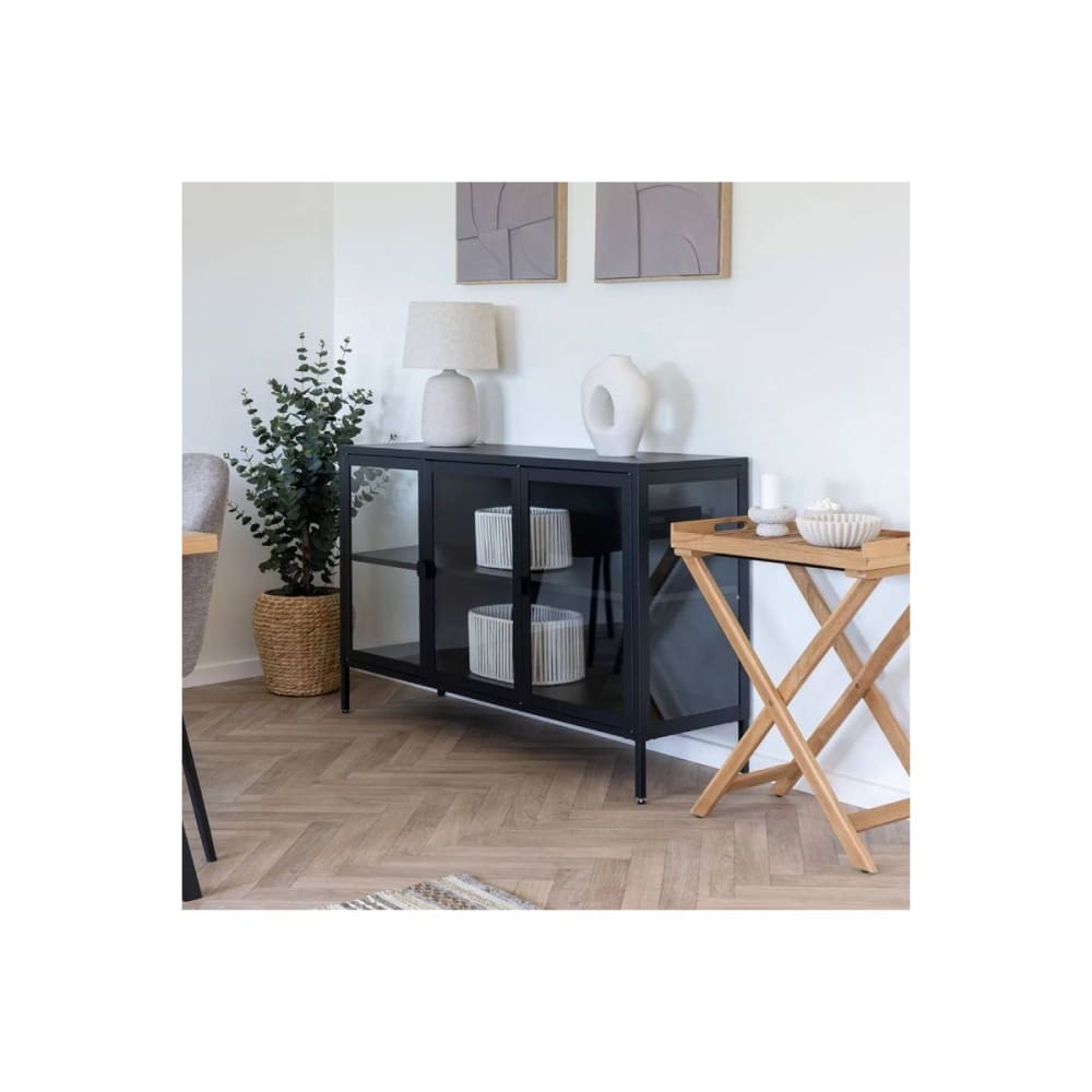 Buffet 3 portes verre et acier noir - Maisons du Monde