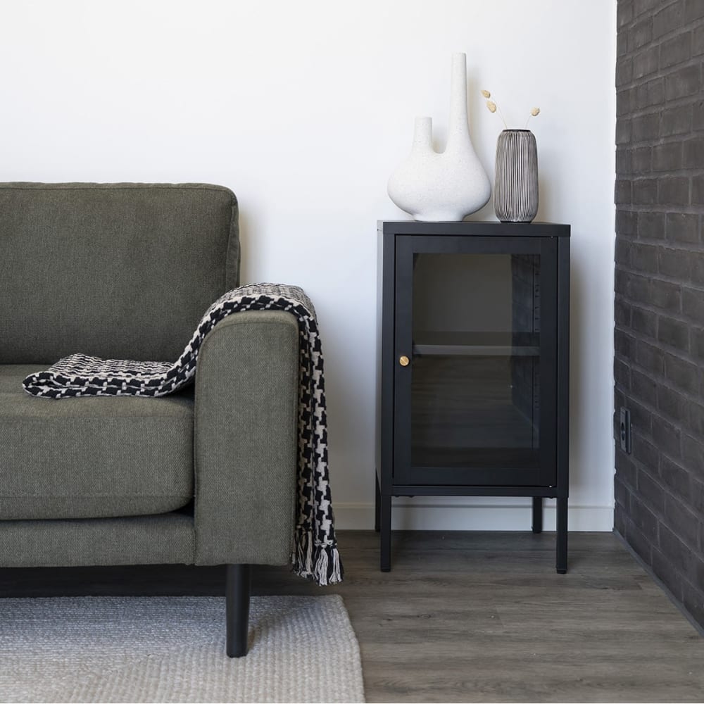 Meuble d'appoint 1 porte vitrée en métal laqué noir