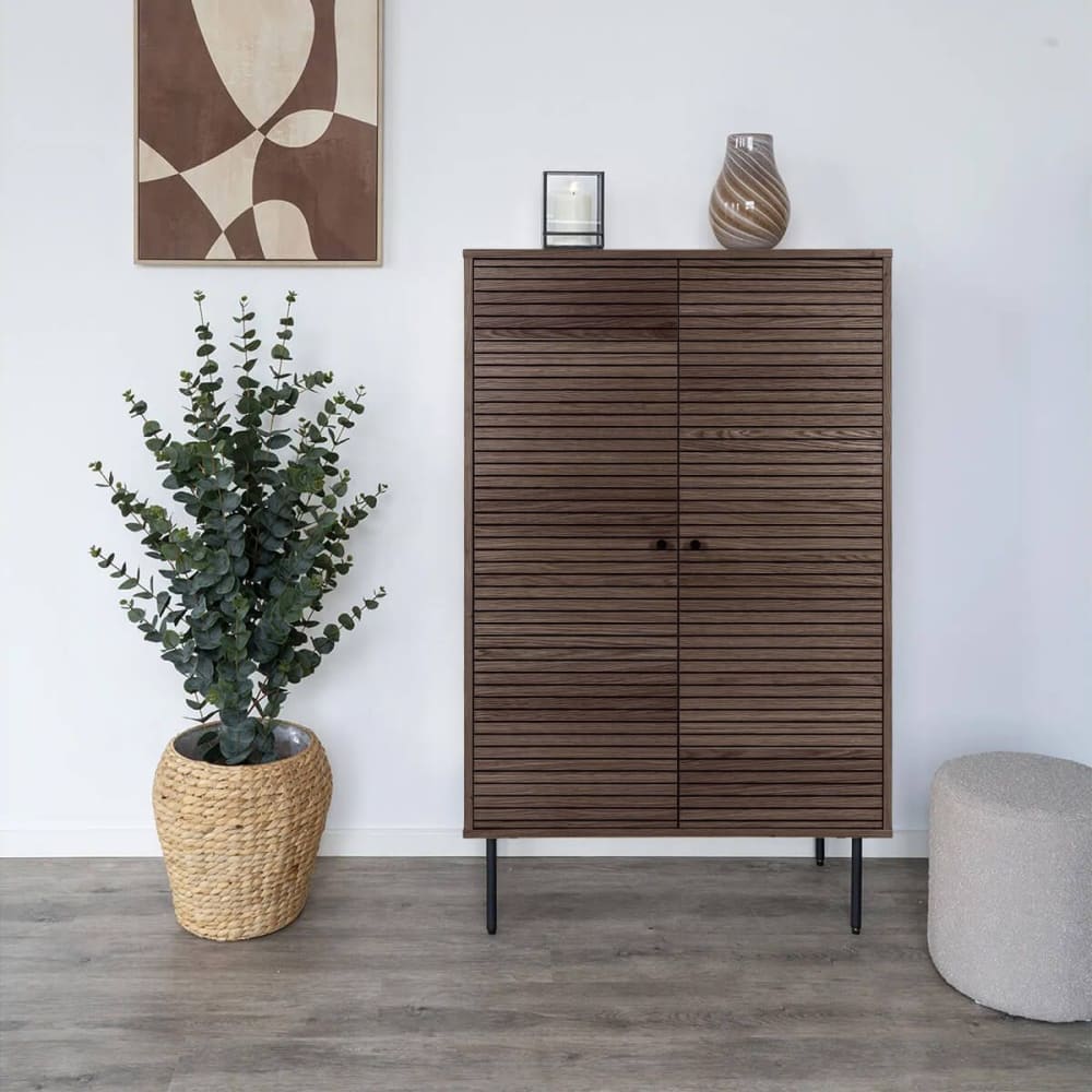 Buffet haut 2 portes effet tasseaux teinté chêne foncé