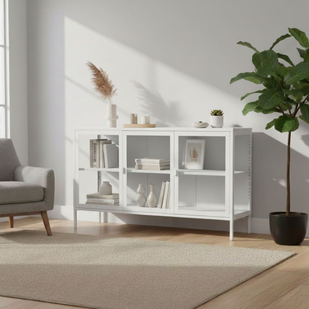 Buffet 3 portes verre et acier blanc - Maisons du Monde