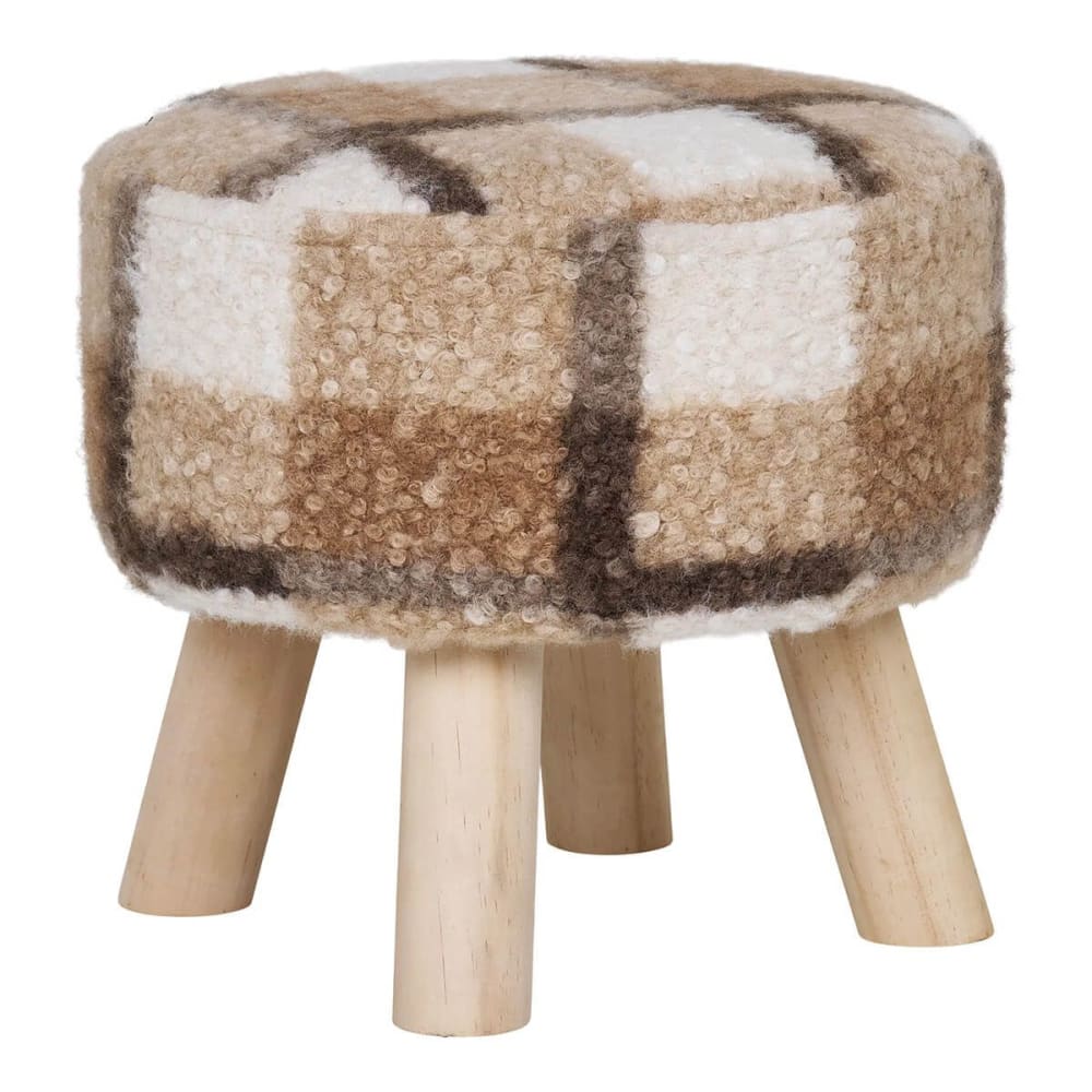 Altobuy Tabouret bas tissu bouclé imprimé ecossais pieds en pin naturel style contemporain Marron Tissu - 31x29x31cm