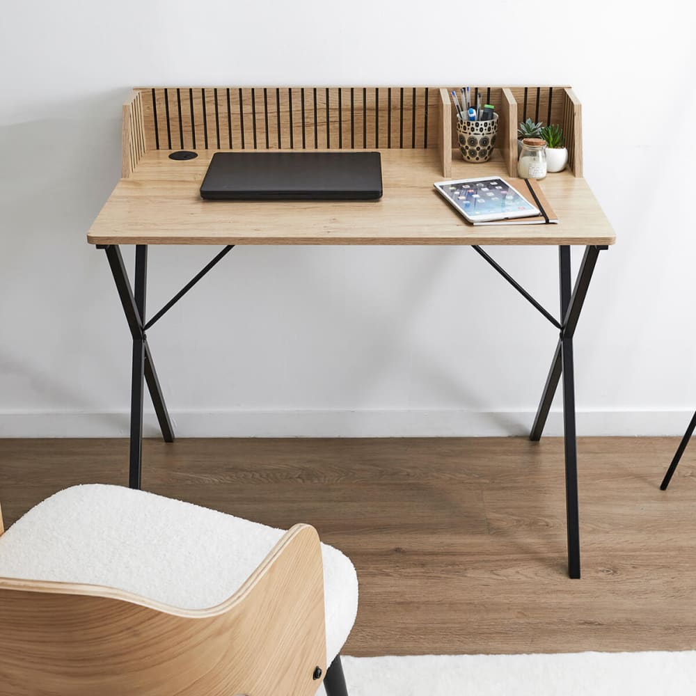 Bureau avec petits rangements effet bois avec tasseaux