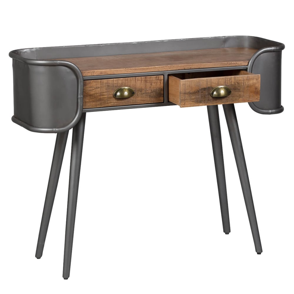 Console 2 tiroirs bois et acier patiné