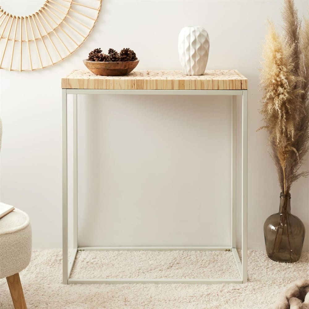 Console avec plateau rondins de bois piétement métal blanc - Maisons du Monde