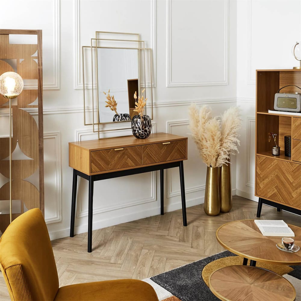 Console 2 tiroirs aspect bois décor chevrons piétement noir - Maisons du Monde