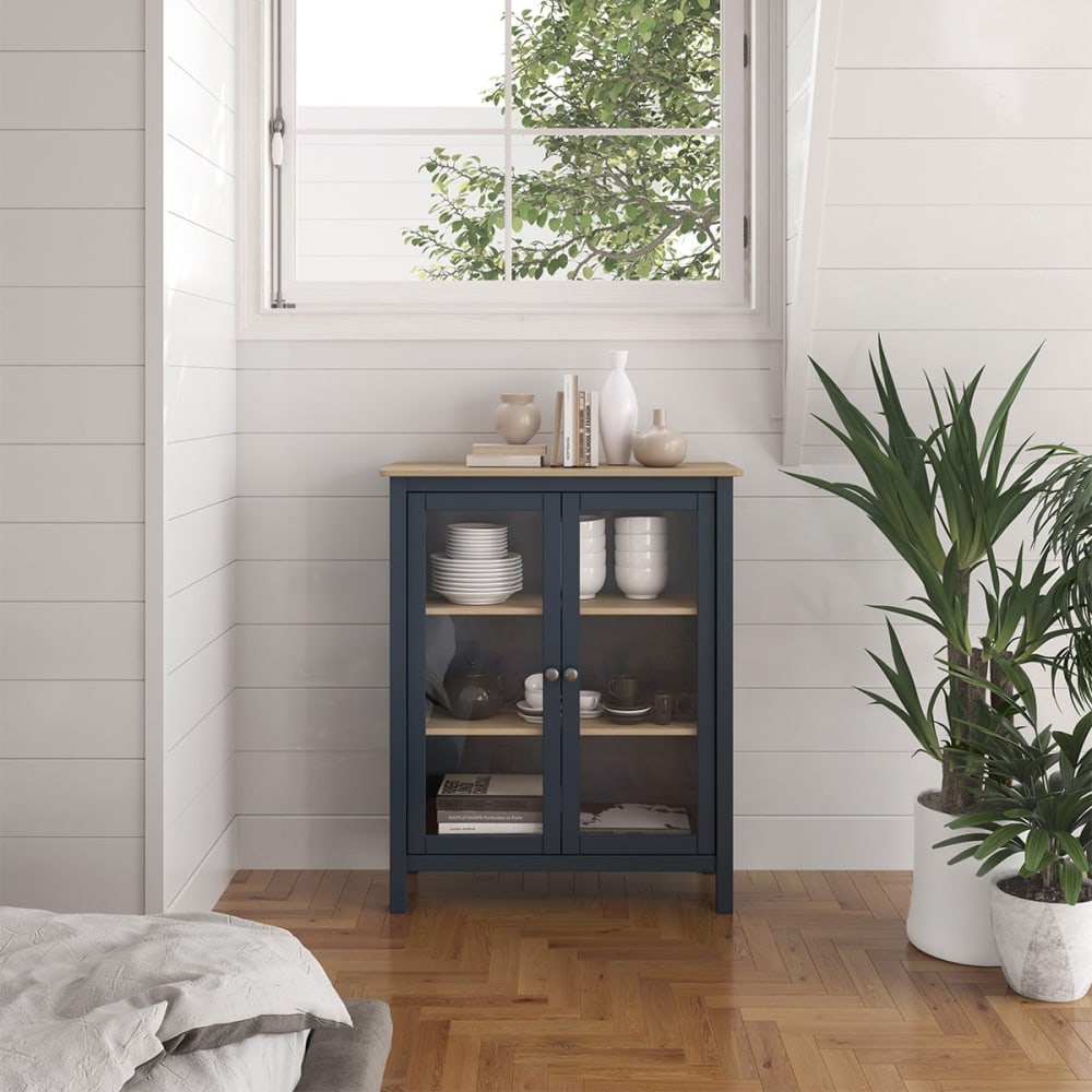 Vitrine basse 2 portes en pin massif bleu marine