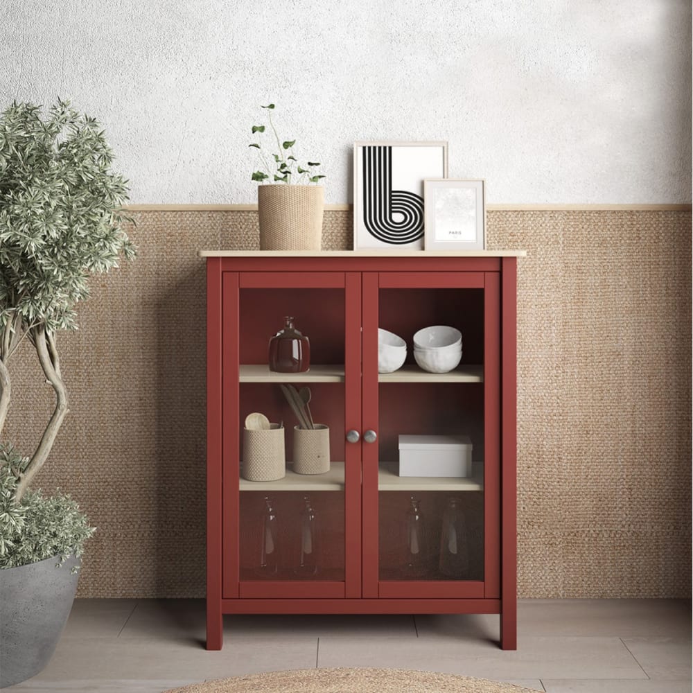 Vitrine basse 2 portes en pin massif bordeaux