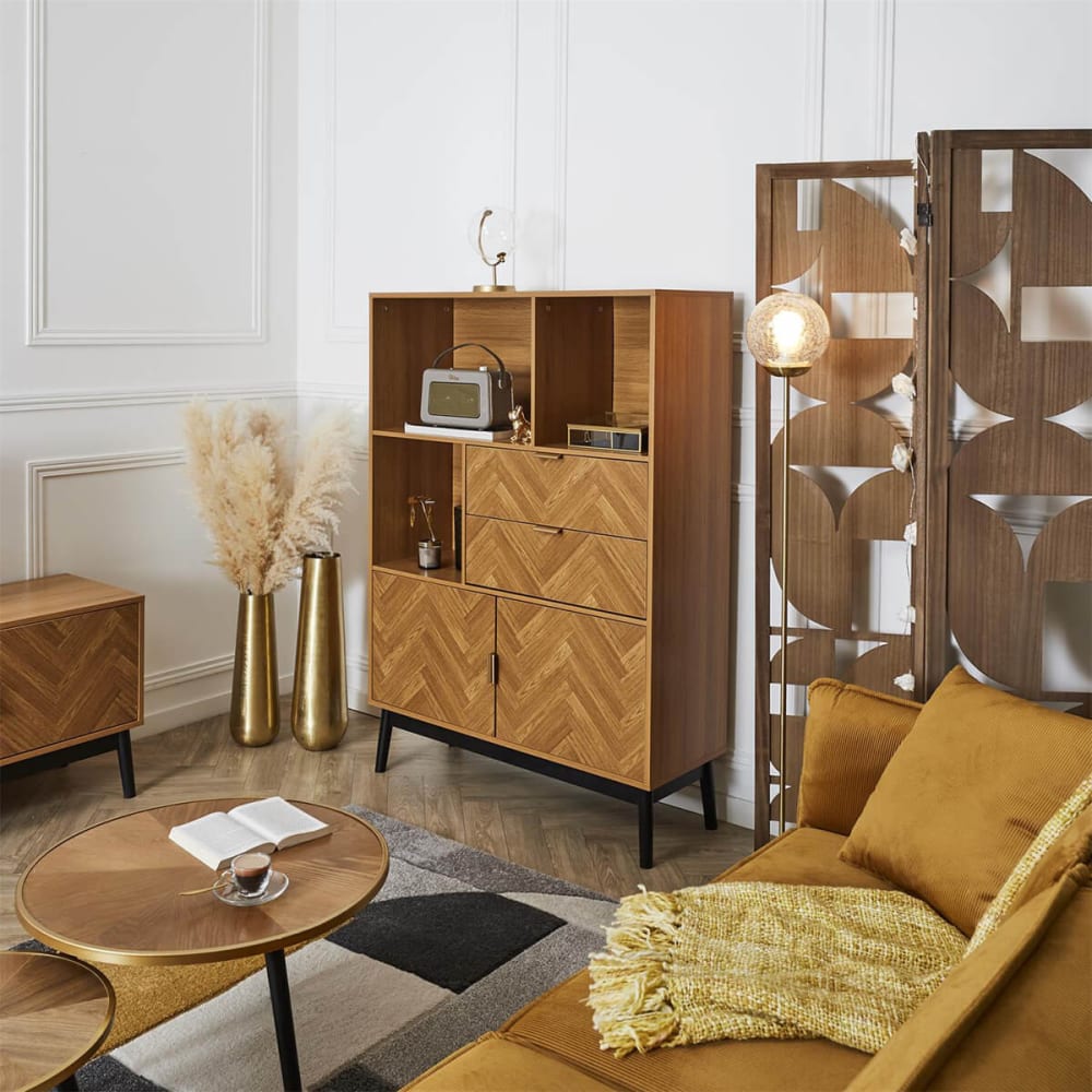 Bibliothèque aspect bois décor chevrons piétement noir - Maisons du Monde