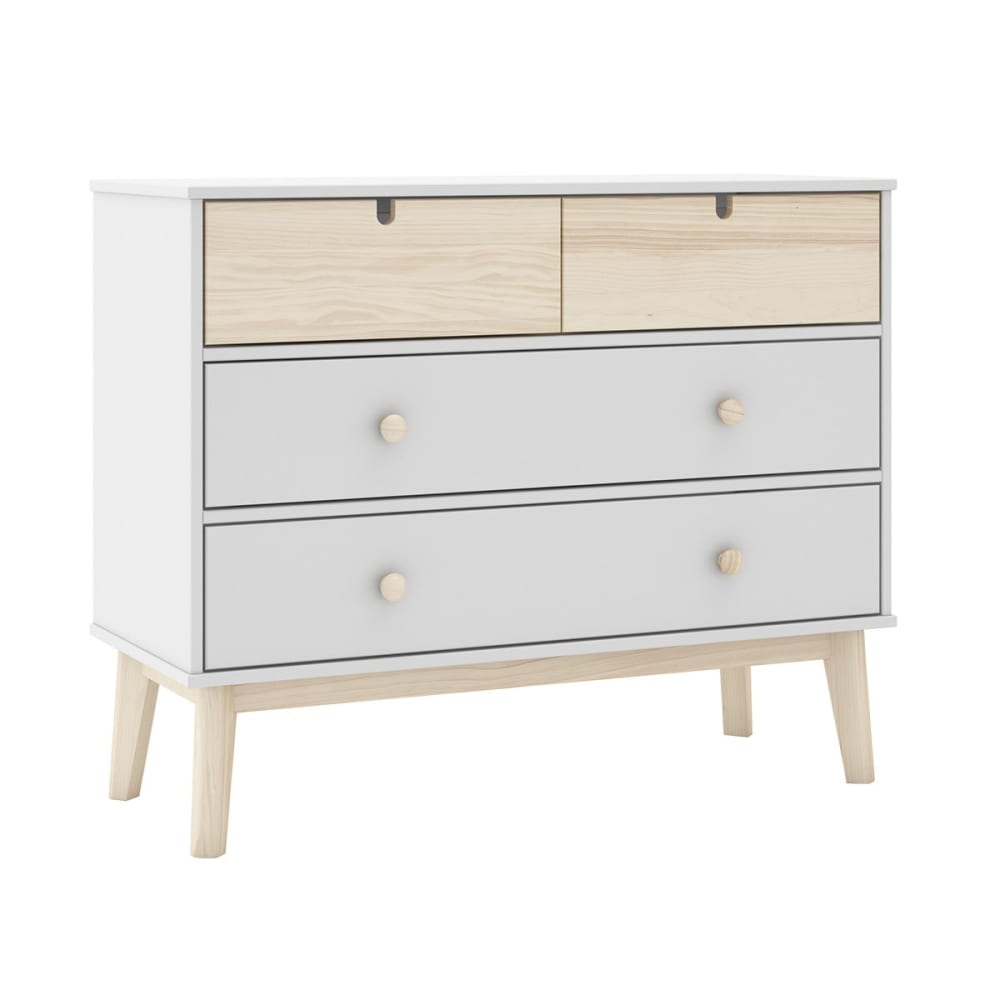 Commode 4 tiroirs MDF et pin coloris blanc et naturel