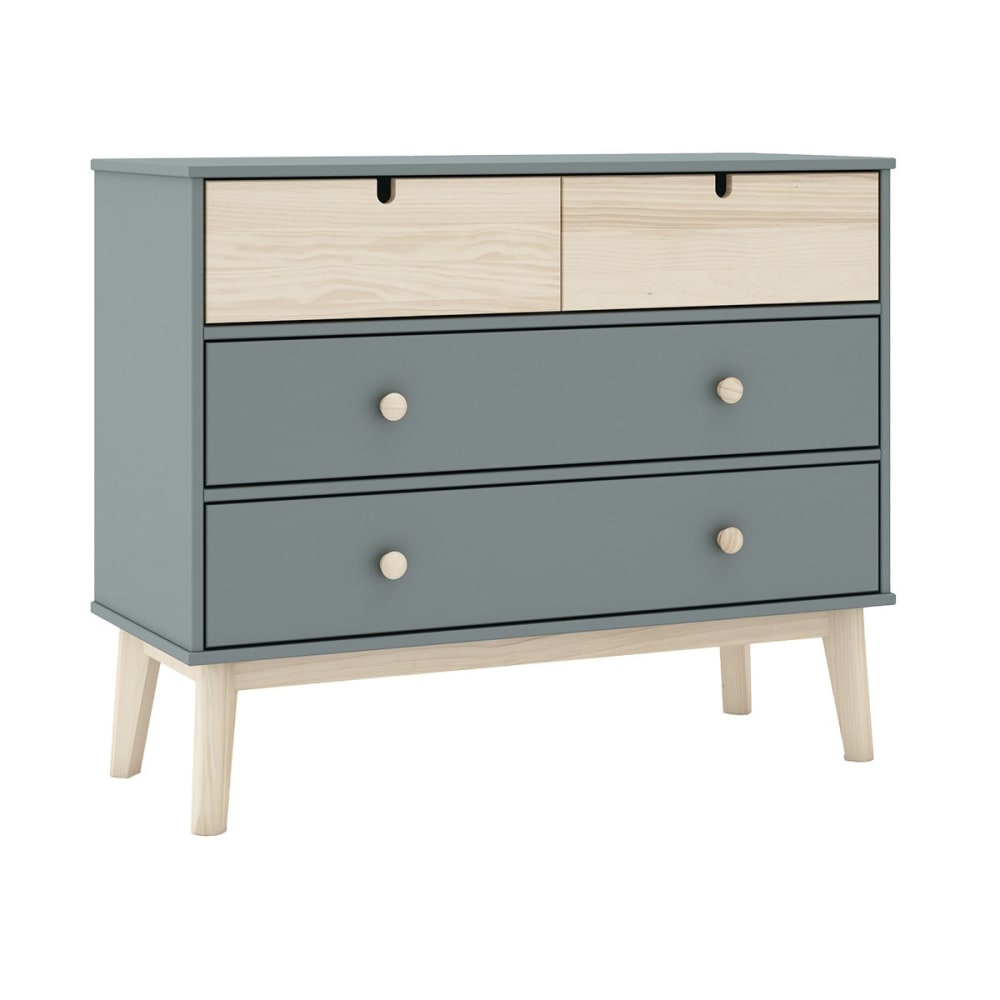 Commode 4 tiroirs MDF et pin coloris gris vert et naturel