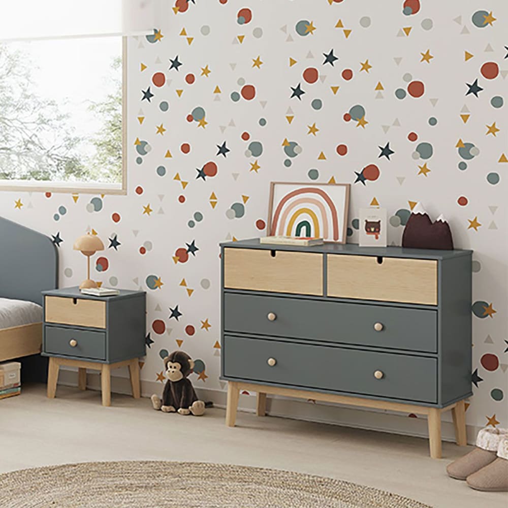 Commode 4 tiroirs mdf et pin coloris gris vert et naturel - Maisons du Monde