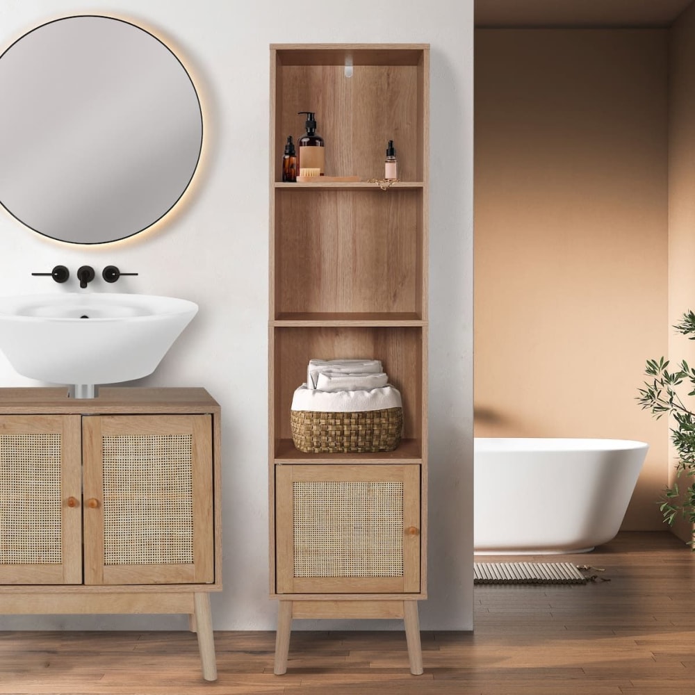 Rangement colonne 3 etagères 1 porte effet bois et façades rotin - Maisons du Monde