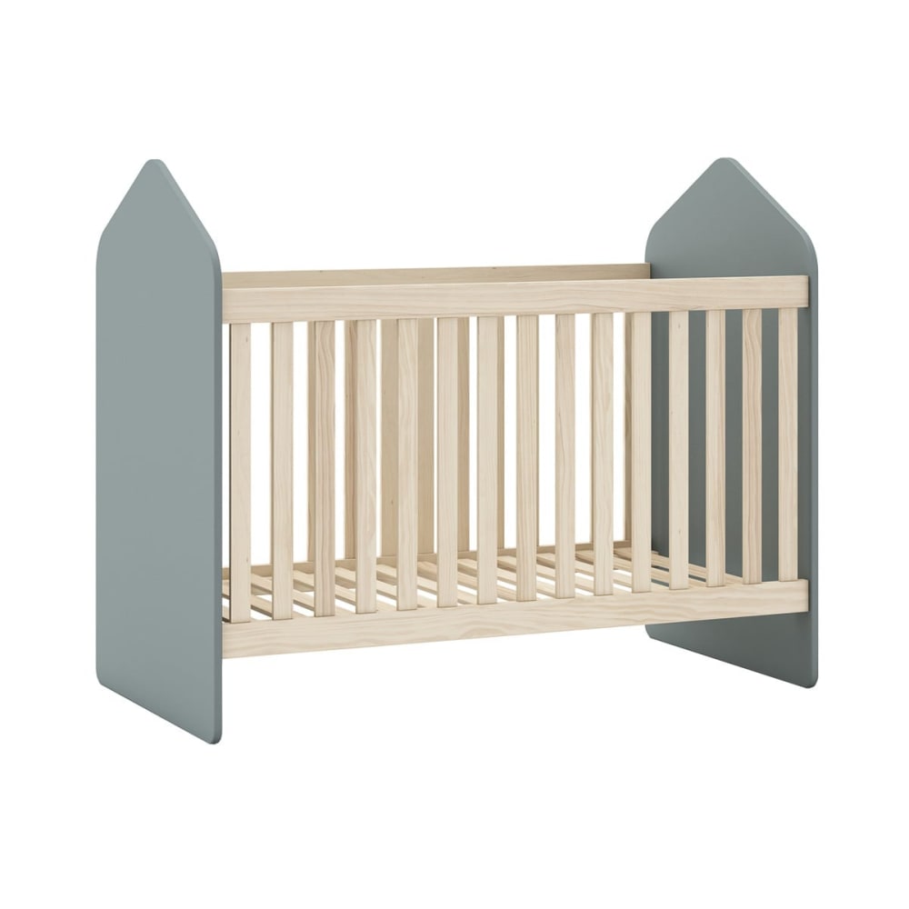 Lit++bebe+60x120cm+forme+cabane+mdf+et+pin+coloris+gris+vert+et+nature