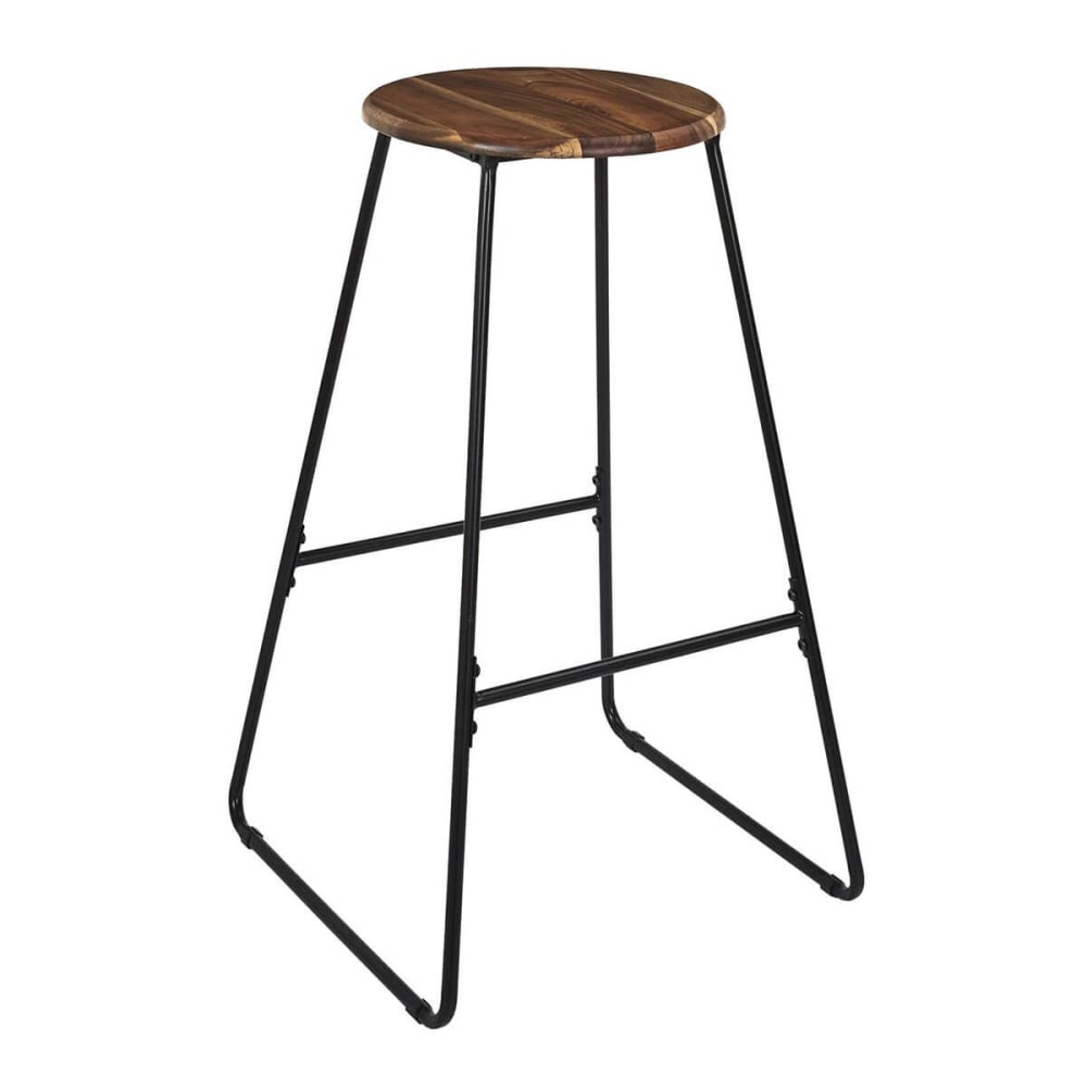 Tabouret de bar en métal filaire noir et assise en acacia