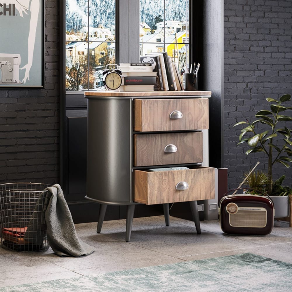 Commode 3 tiroirs bois et acier patiné - Maisons du Monde