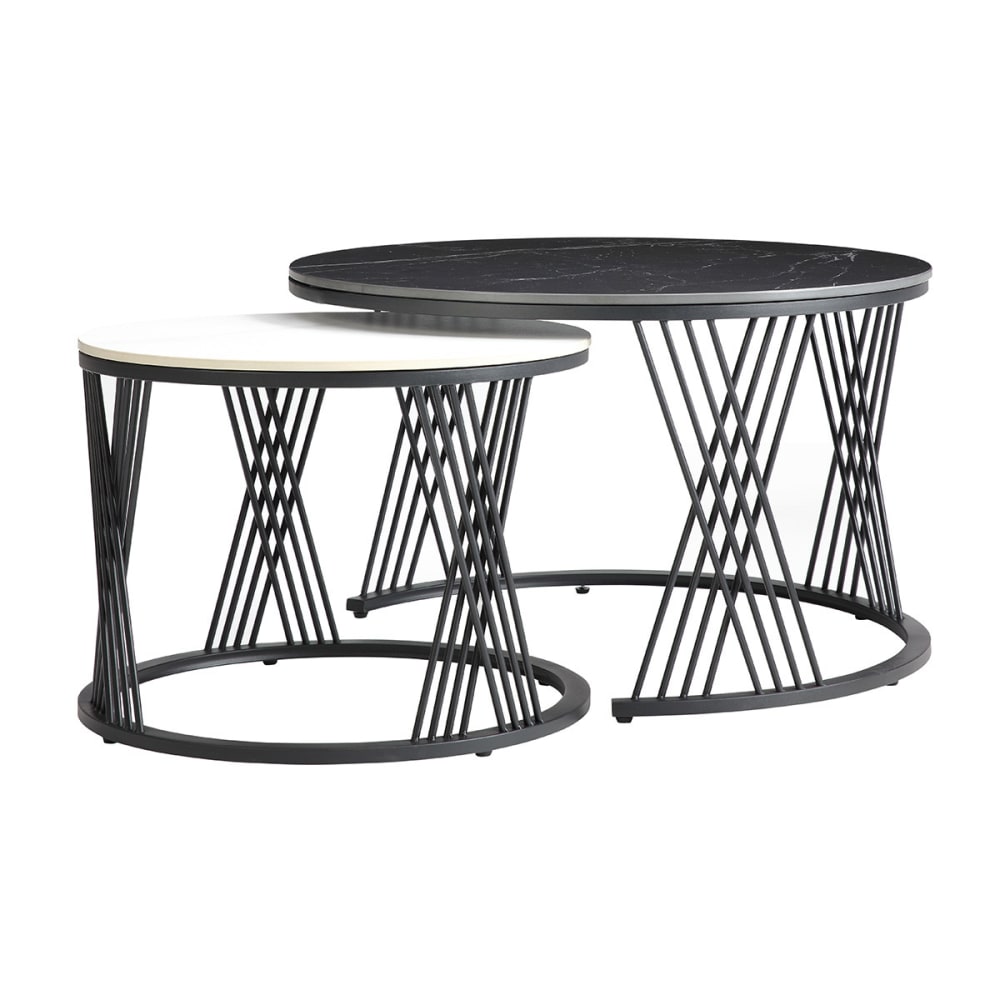 Tables gigogne plateaux céramique marbrés noir et blanc pieds métal n - Maisons du Monde