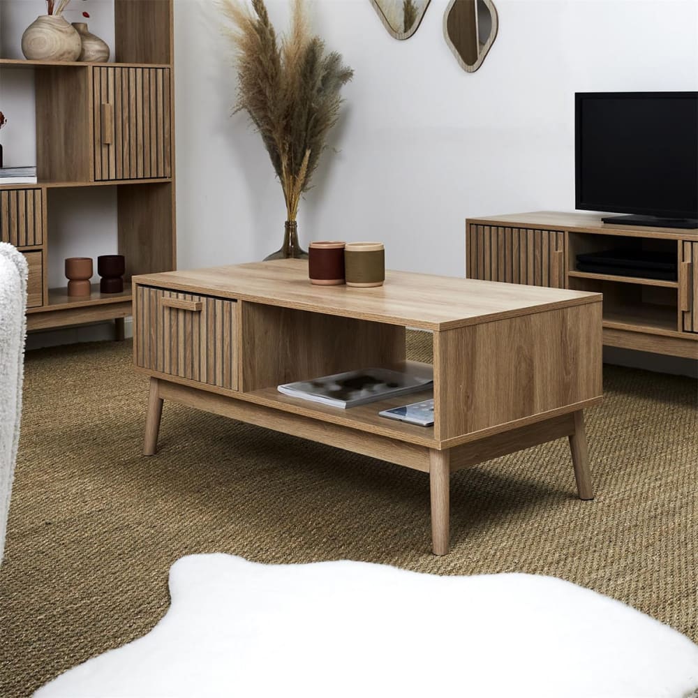 Table basse 1 tiroir effet bois avec tasseaux