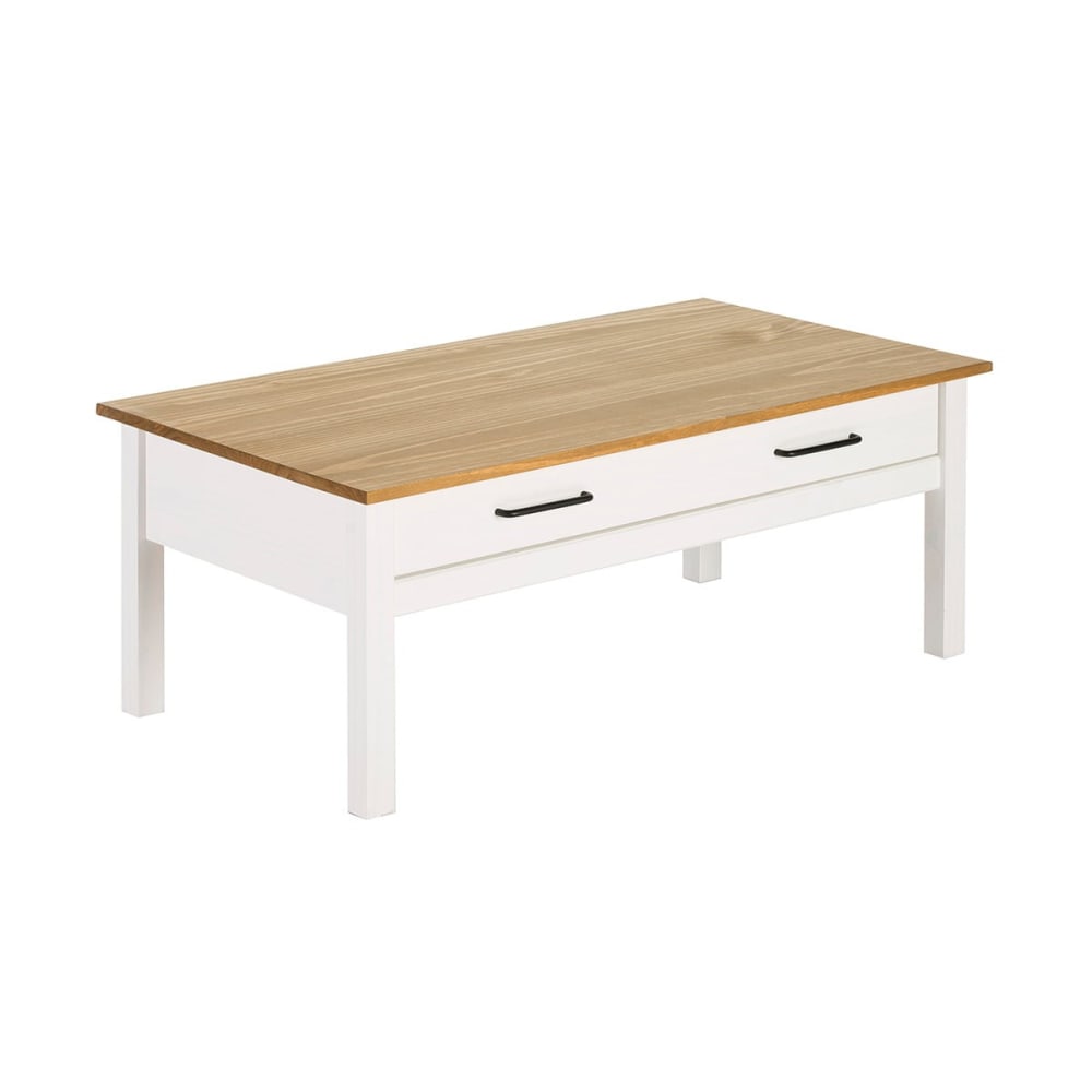Table basse rectangulaire 1 tiroir bois ciré et Bbanc