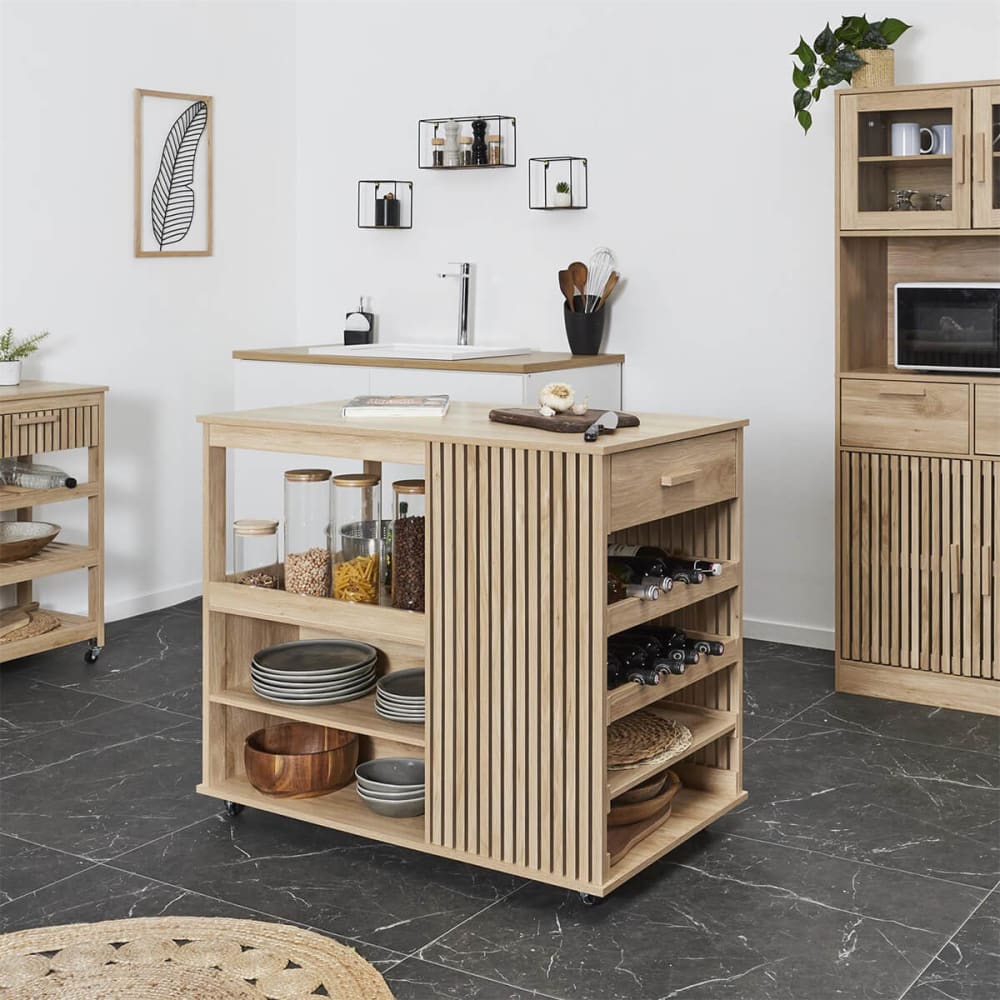 Ilot de cuisine multi-rangement effet bois avec tasseaux