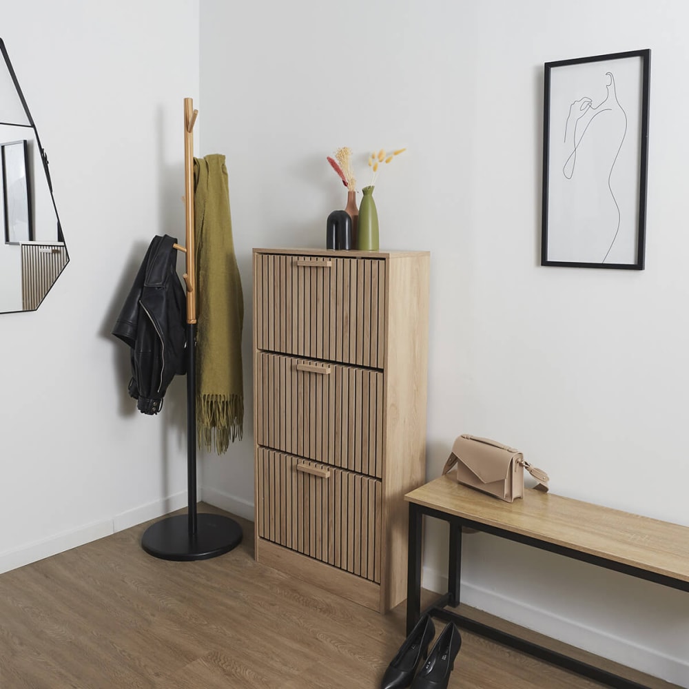 Meuble à chaussures 3 portes basculantes effet bois avec tasseaux