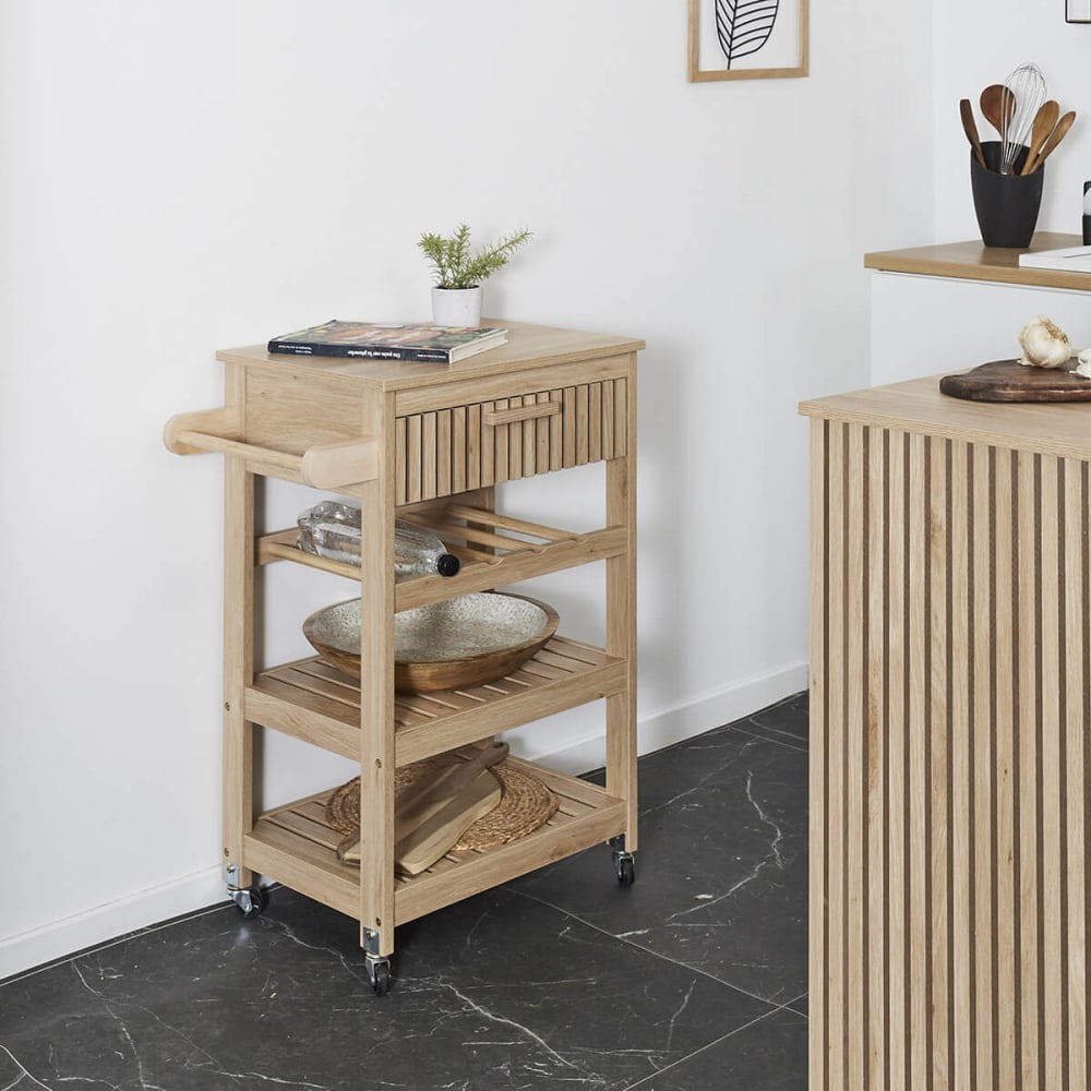 Desserte de cuisine multi-rangement effet bois avec tasseaux