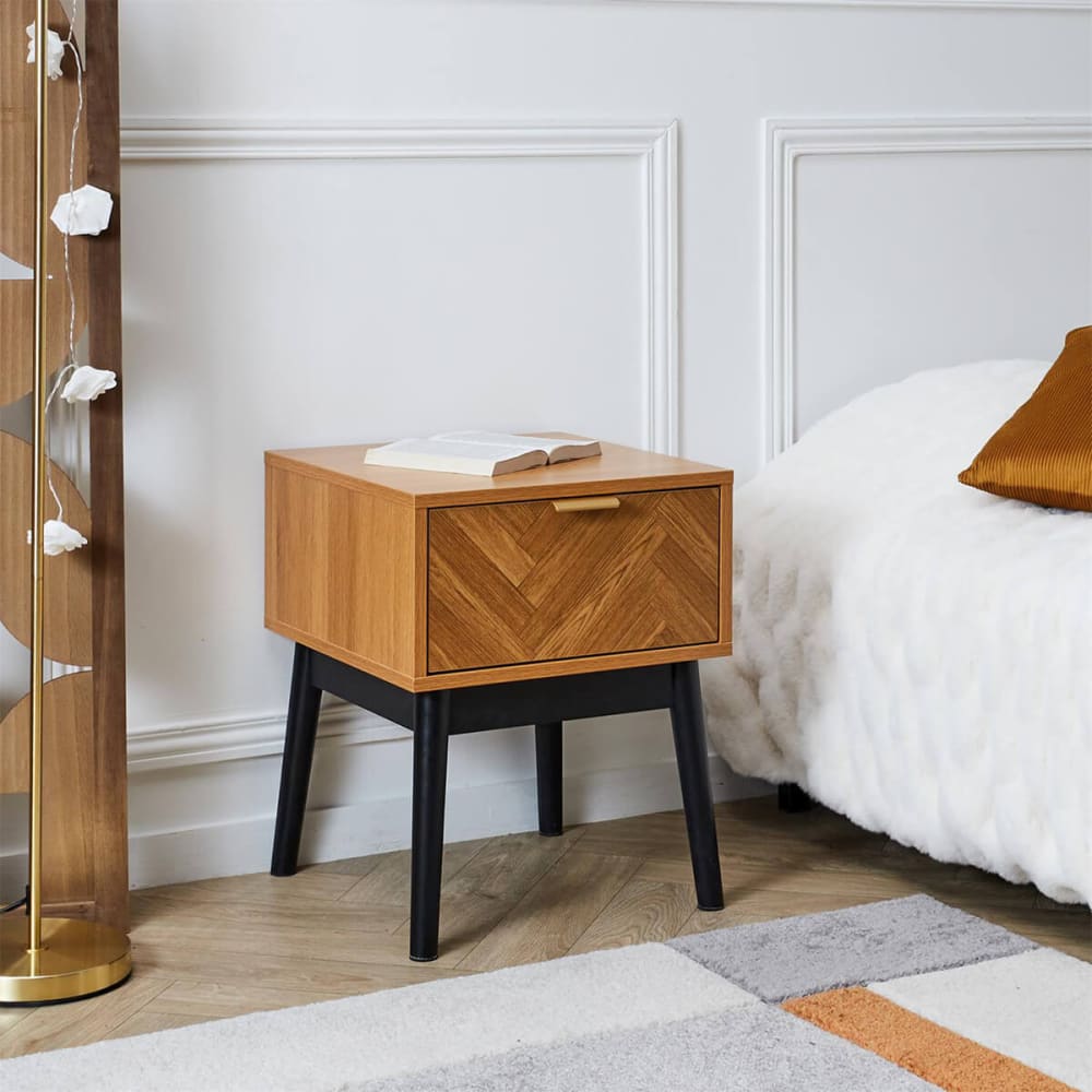 Chevet 1 tiroir aspect bois décor chevrons piétement noir - Maisons du Monde