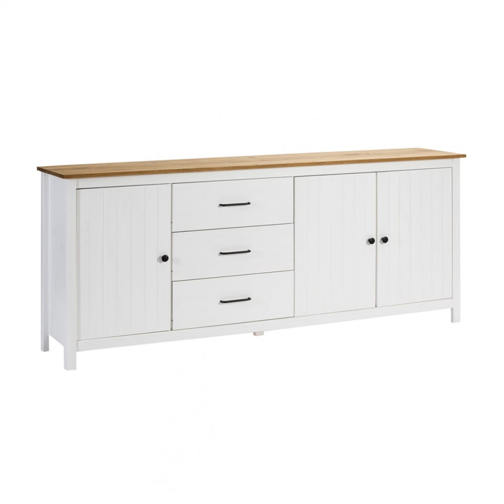 Buffet bas 3 portes 3 tiroirs bois ciré et blanc