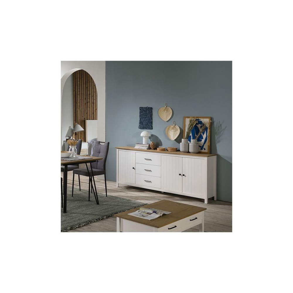 Buffet bas 3 portes 3 tiroirs bois ciré et blanc - Maisons du Monde