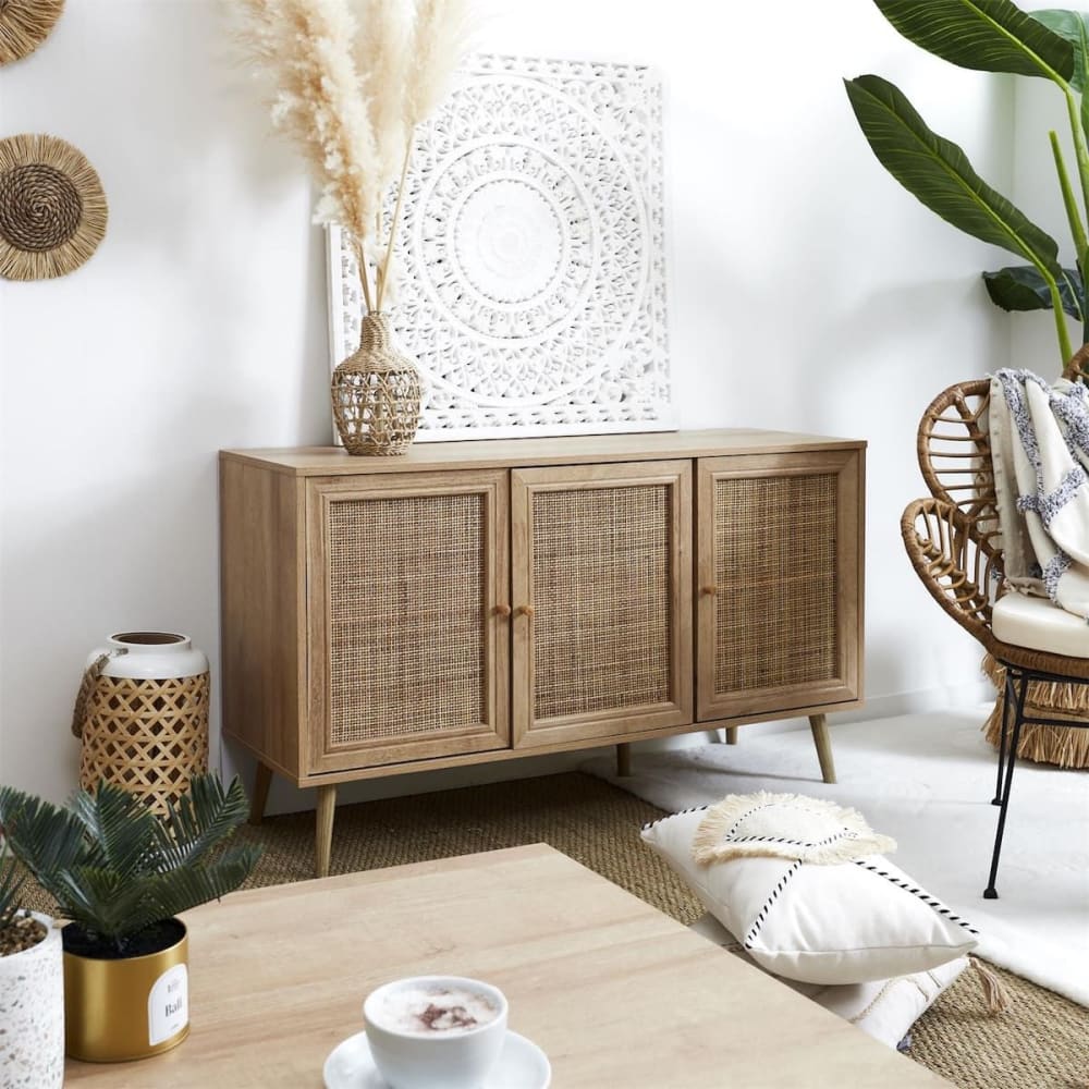 Buffet 3 portes effet bois et façades rotin - Maisons du Monde
