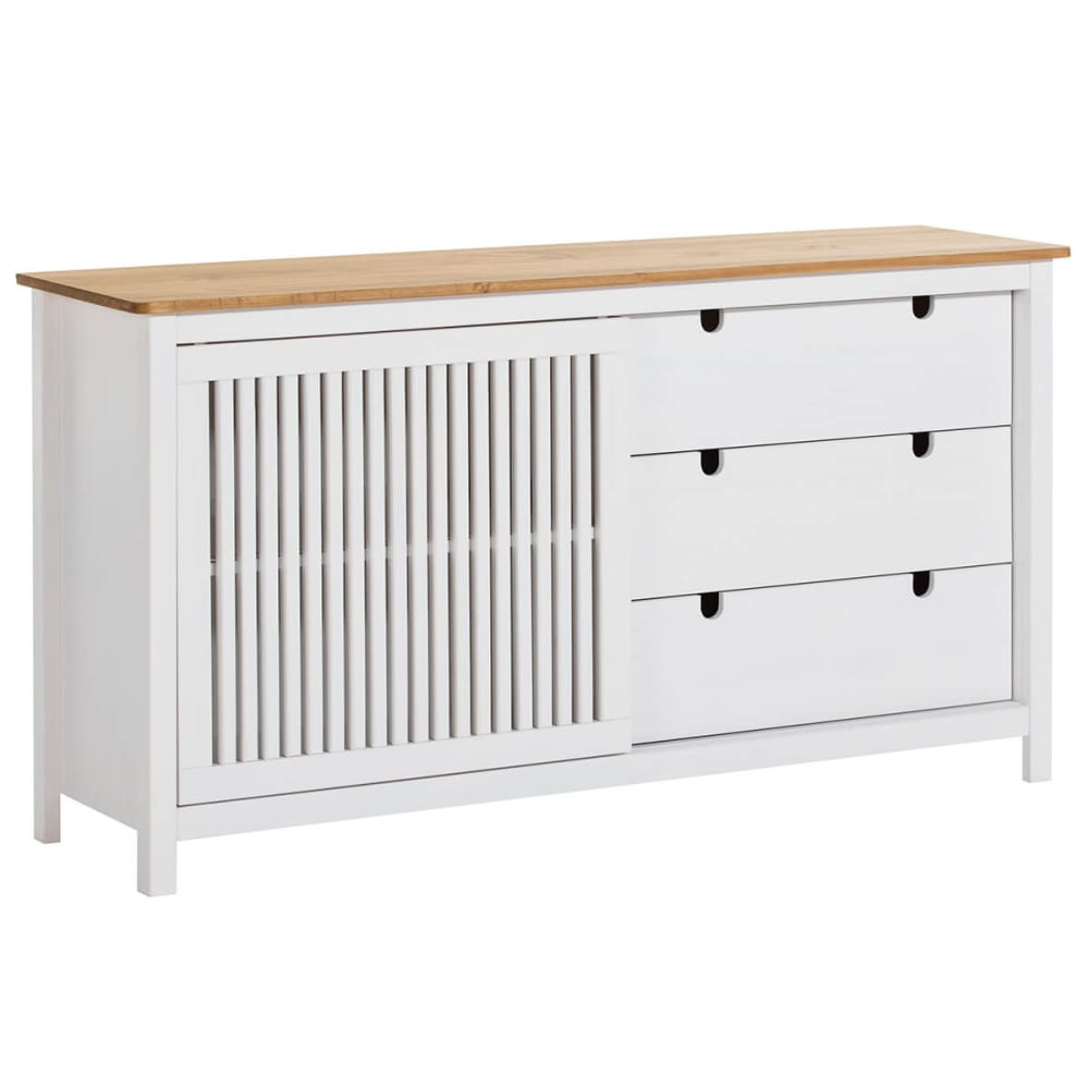 Buffet bas 3 tiroirs 1 porte bois ciré et blanc